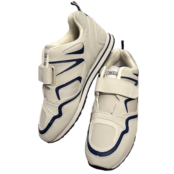 Men's OMEGA Sneakers Size 11 EEE WIDE Beige Navy Blue Trim NWB Hook Loop Strap - Picture 1 of 12